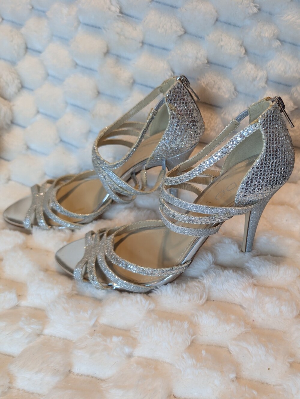ALDO Silver Glitter Metallic Multi Strap Cage Stiletto Heel Sandals Size 7.5
